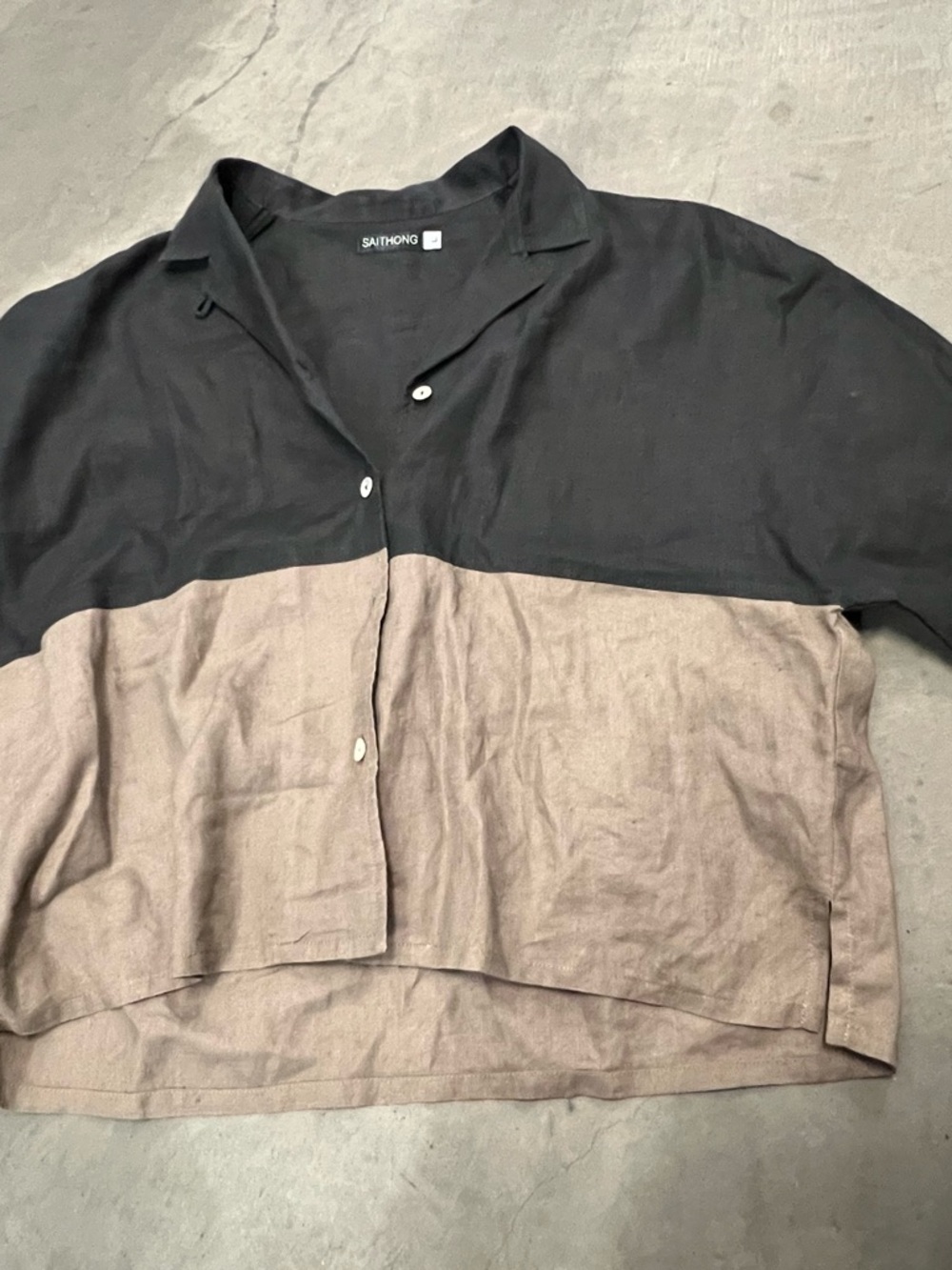 Colorblock Button-Up linen Shirt - Black & Taupe